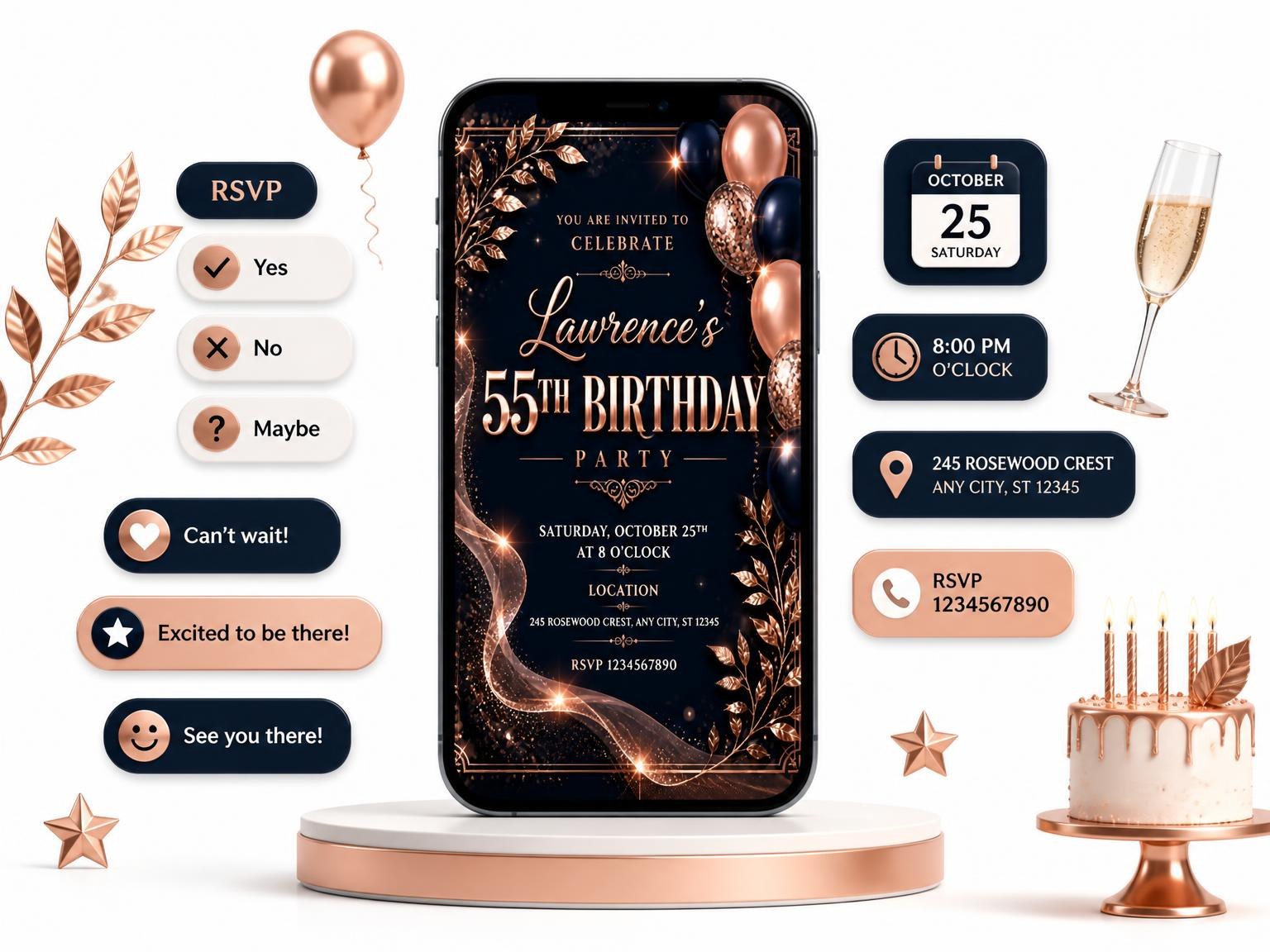 The Navy and Rose Gold 55th Birthday Invitation invitation on a phone, with guest RSVPs arriving around it