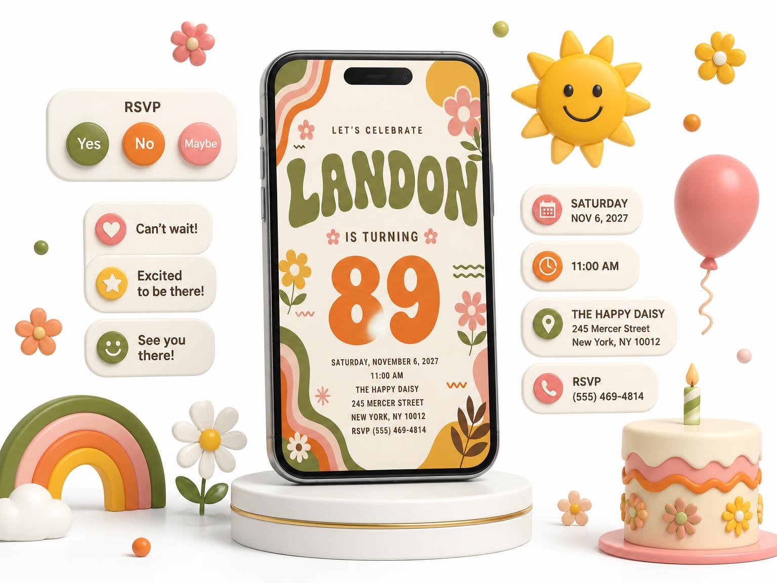 The Groovy Retro 89th Birthday Invitation invitation on a phone, with guest RSVPs arriving around it
