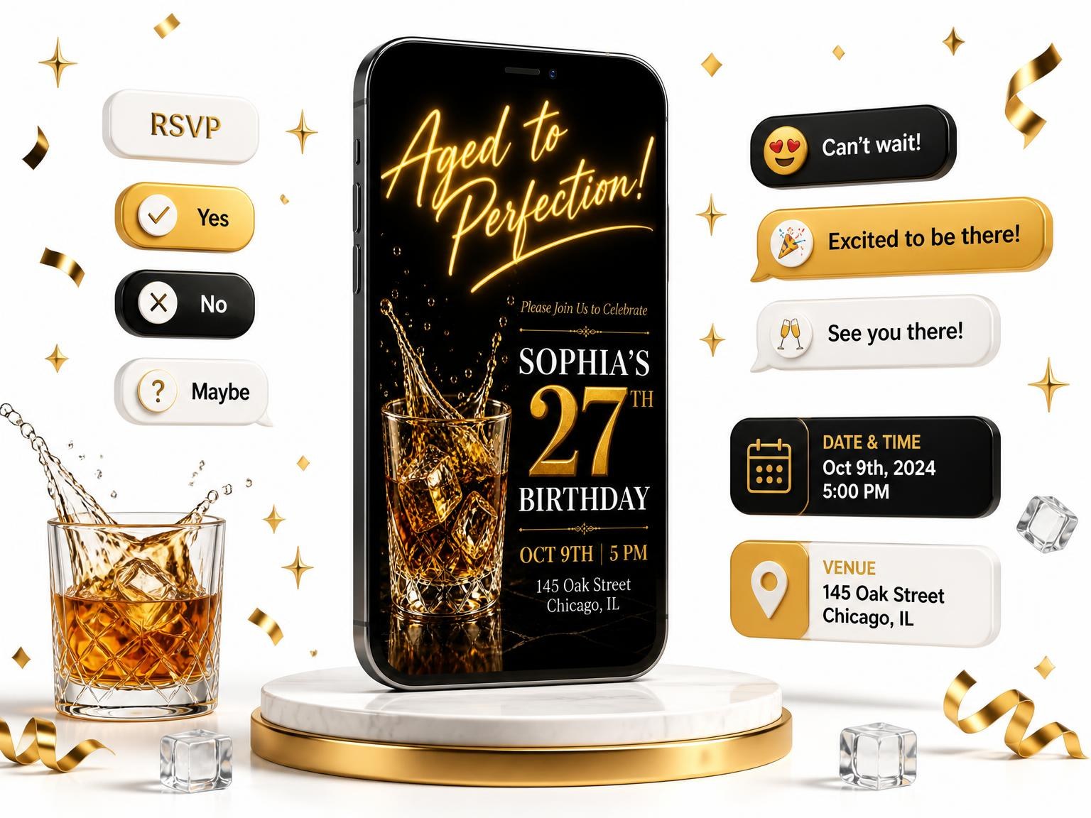 The Neon Tube 27th Birthday Invitation invitation on a phone, with guest RSVPs arriving around it