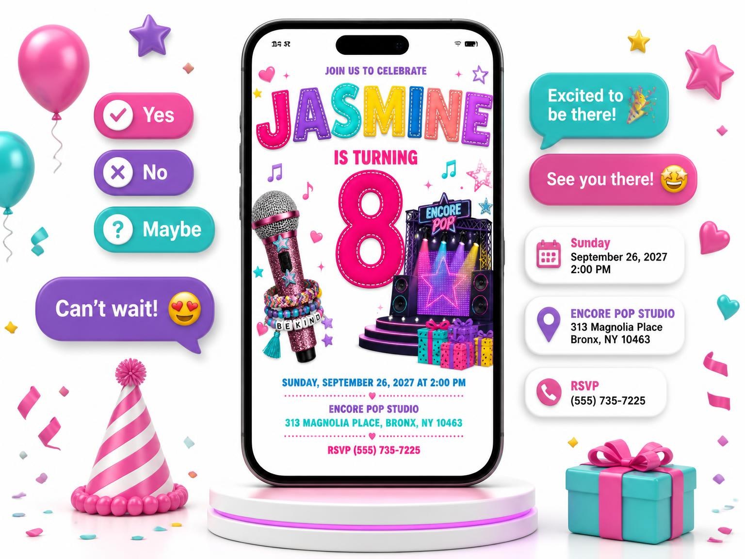 The Concert Stage Stitched 8th Birthday Invitation invitation on a phone, with guest RSVPs arriving around it