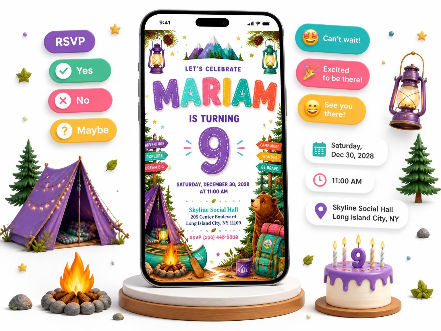 The Stitched Camping 9th Birthday Invitation invitation on a phone, with guest RSVPs arriving around it
