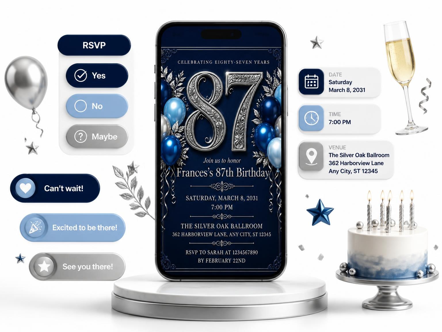 The Navy and Silver 87th Birthday Invitation invitation on a phone, with guest RSVPs arriving around it