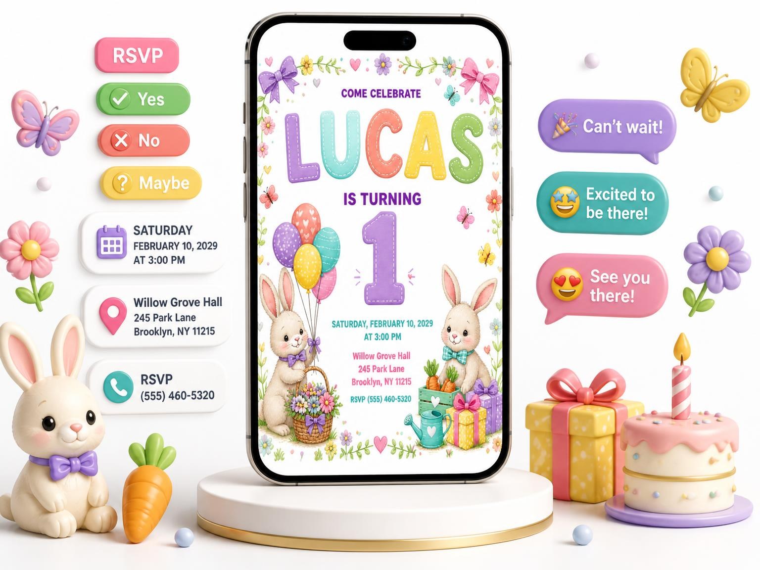 The Stitched Bunny Garden 1st Birthday Invitation invitation on a phone, with guest RSVPs arriving around it