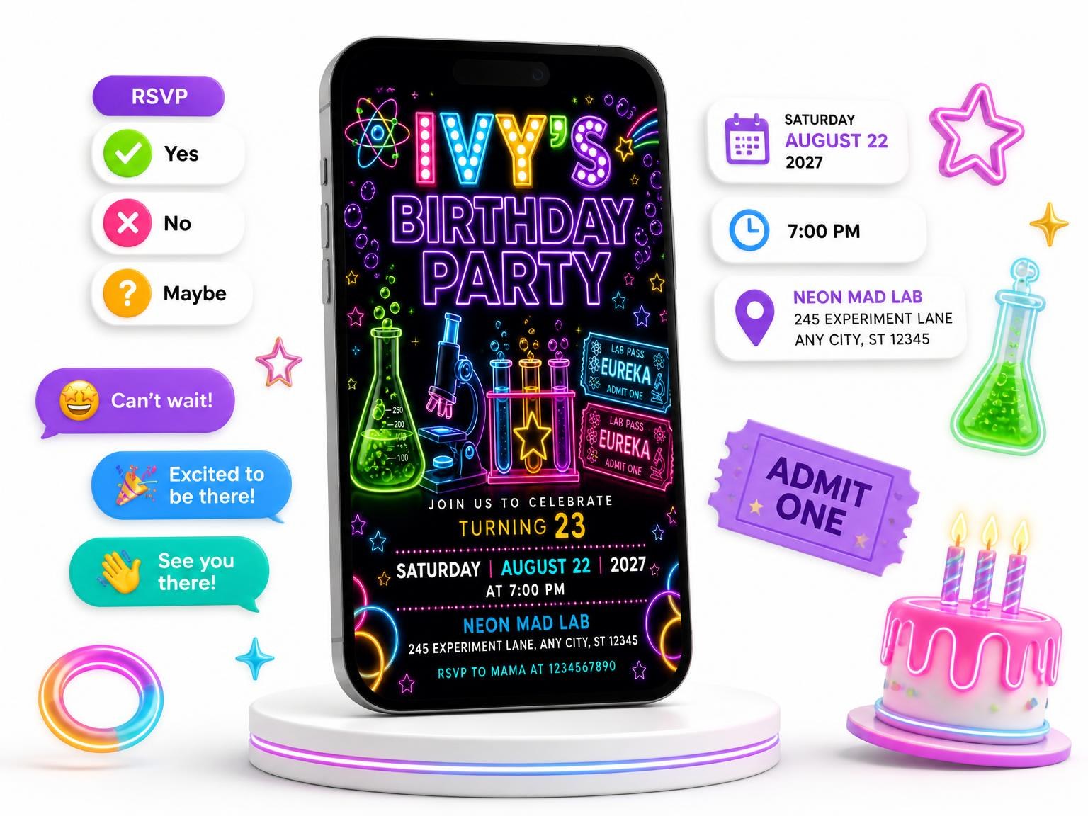 The Neon Science Lab 23rd Birthday Invitation invitation on a phone, with guest RSVPs arriving around it
