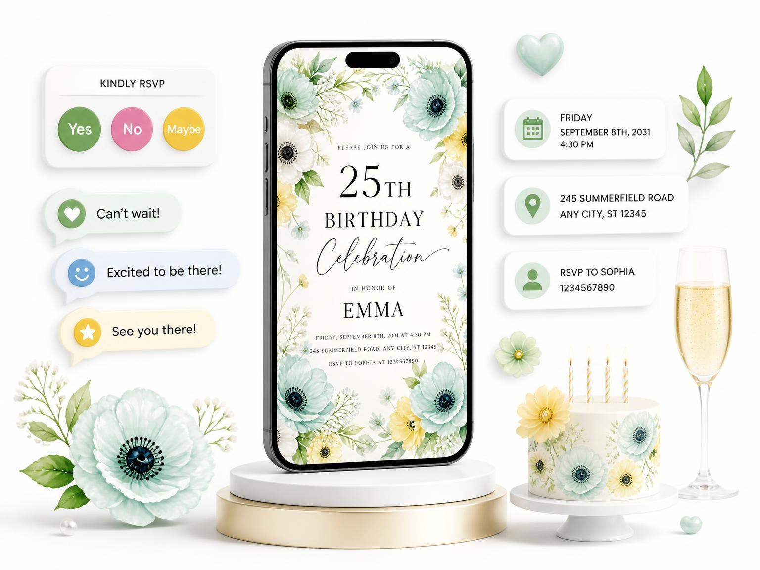 The Garden Floral Mint 25th Birthday Invitation invitation on a phone, with guest RSVPs arriving around it