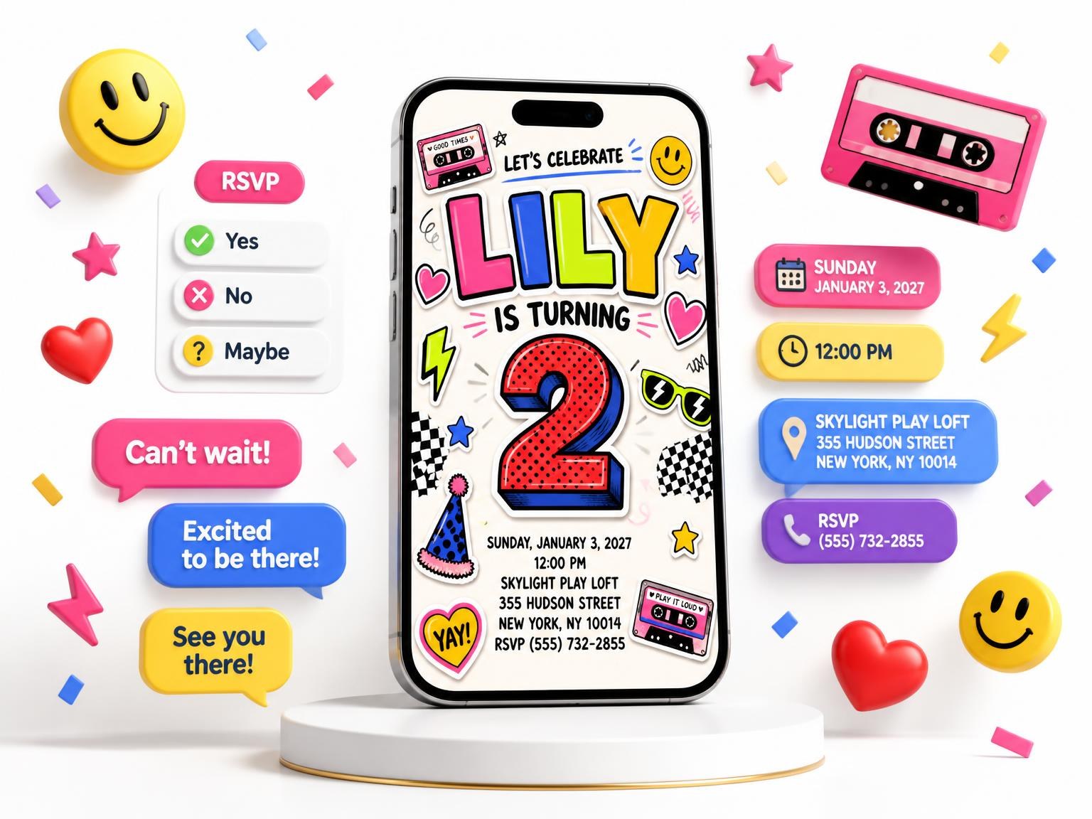 The Sticker Pop 2nd Birthday Invitation invitation on a phone, with guest RSVPs arriving around it