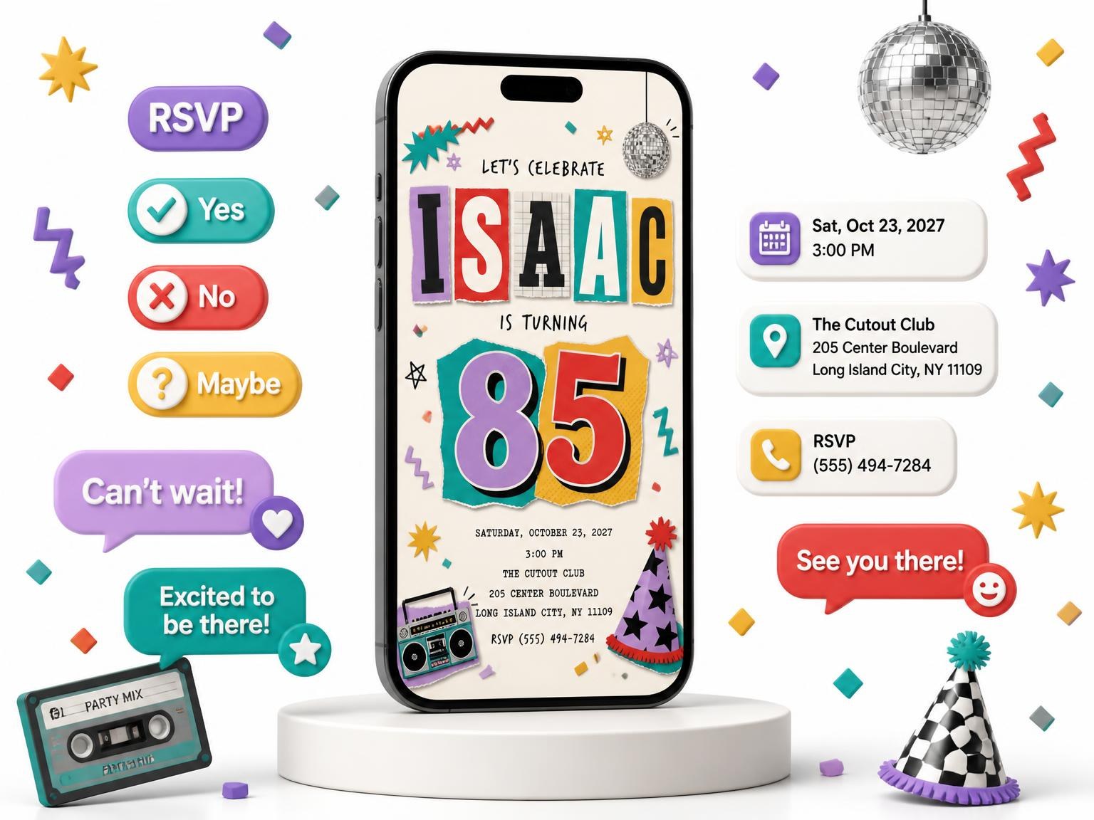 The Retro Paper Collage 85th Birthday Invitation invitation on a phone, with guest RSVPs arriving around it