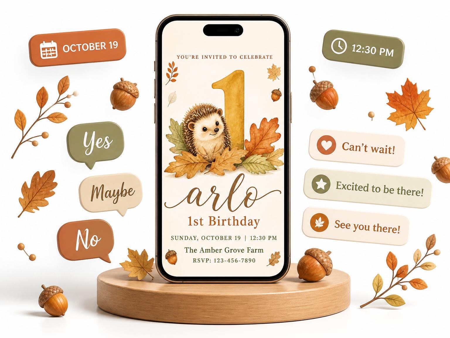 The Watercolor Hedgehog Autumn 1st Birthday invitation on a phone, with guest RSVPs arriving around it