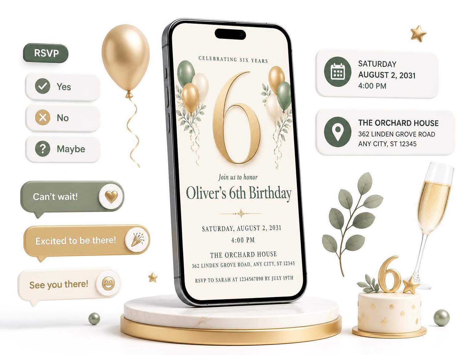 The Sage and Ivory 6th Birthday Invitation invitation on a phone, with guest RSVPs arriving around it