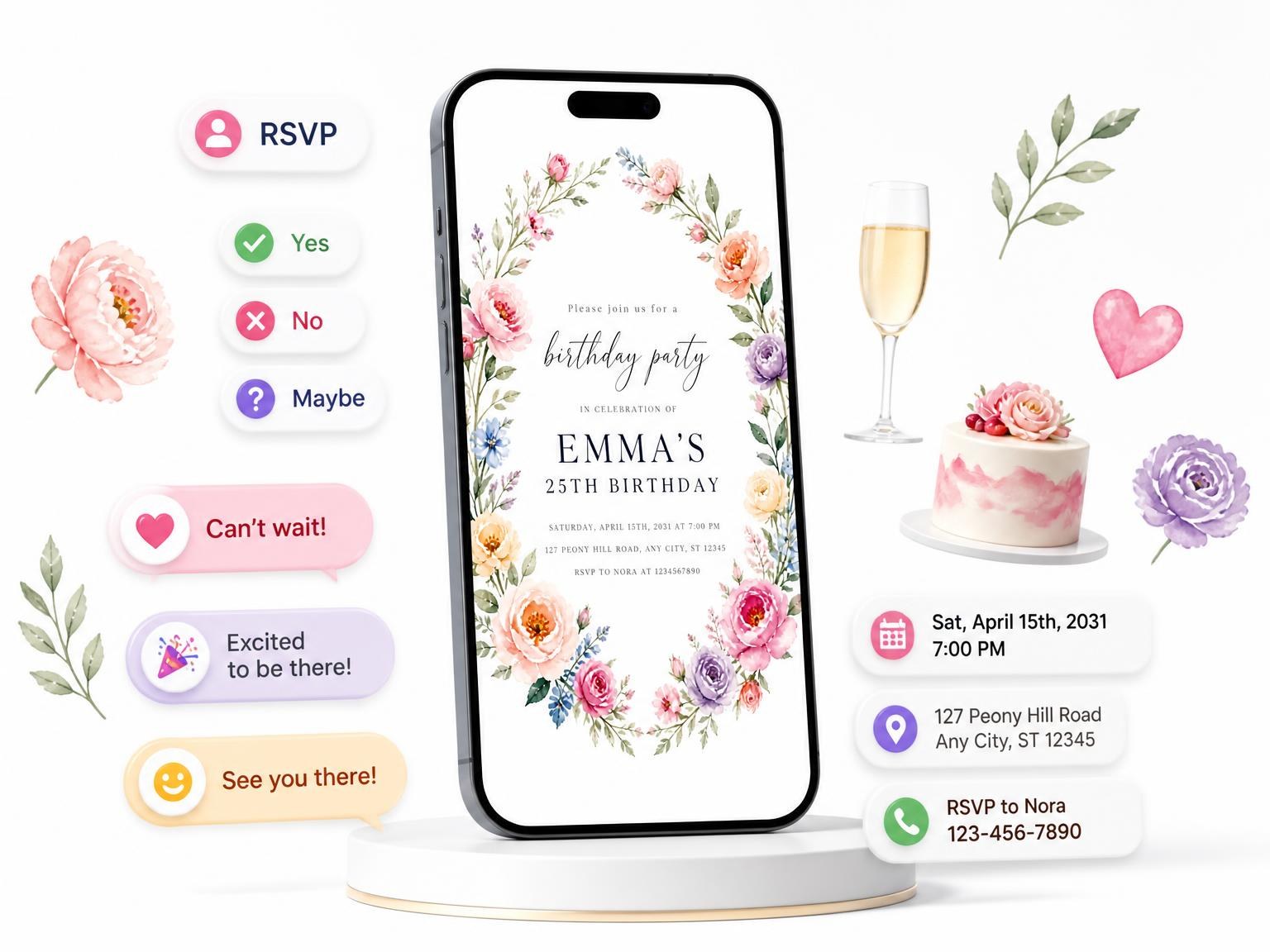 The Pastel Floral Wreath 25th Birthday Invitation invitation on a phone, with guest RSVPs arriving around it