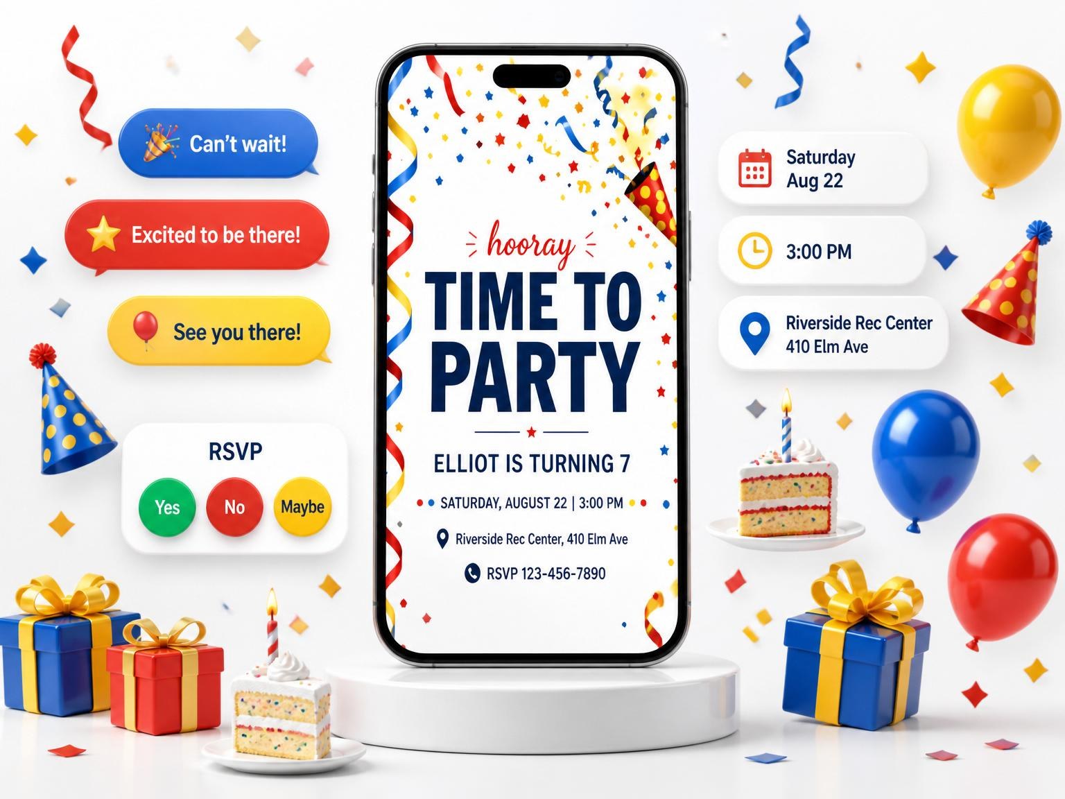 The Primary Color Confetti 7th Birthday Invitation invitation on a phone, with guest RSVPs arriving around it