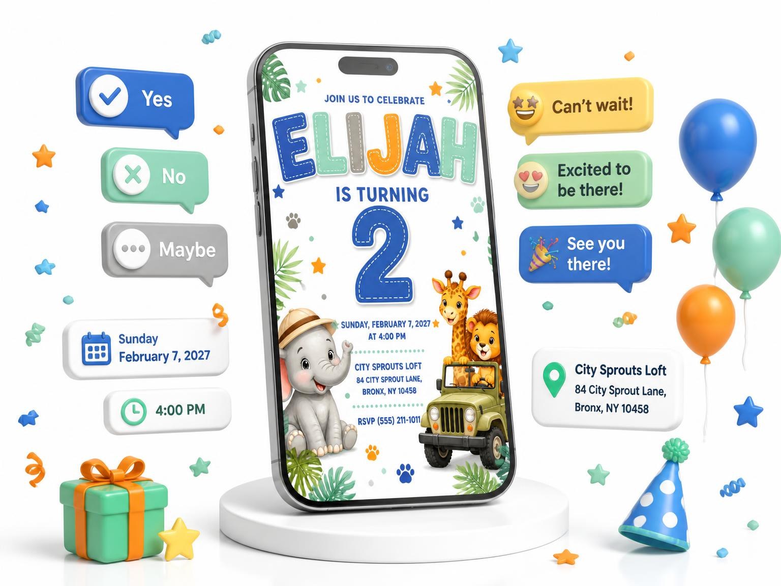 The Safari Jeep Stitched 2nd Birthday Invitation invitation on a phone, with guest RSVPs arriving around it