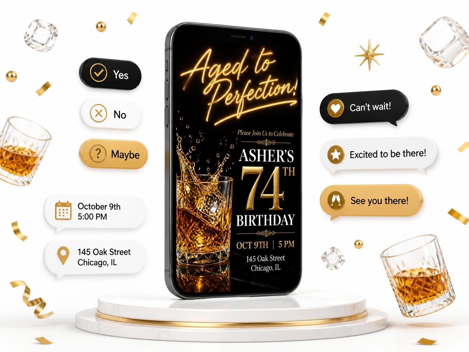 The Crystal Whiskey 74th Birthday Invitation invitation on a phone, with guest RSVPs arriving around it