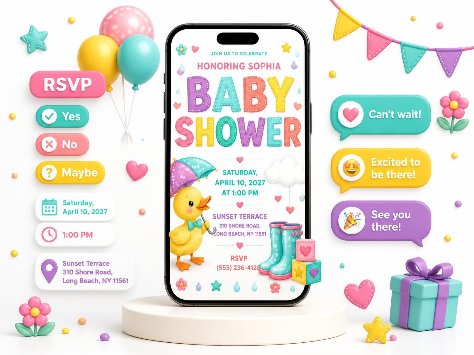 The Yellow Duckling Baby Shower Invitation invitation on a phone, with guest RSVPs arriving around it
