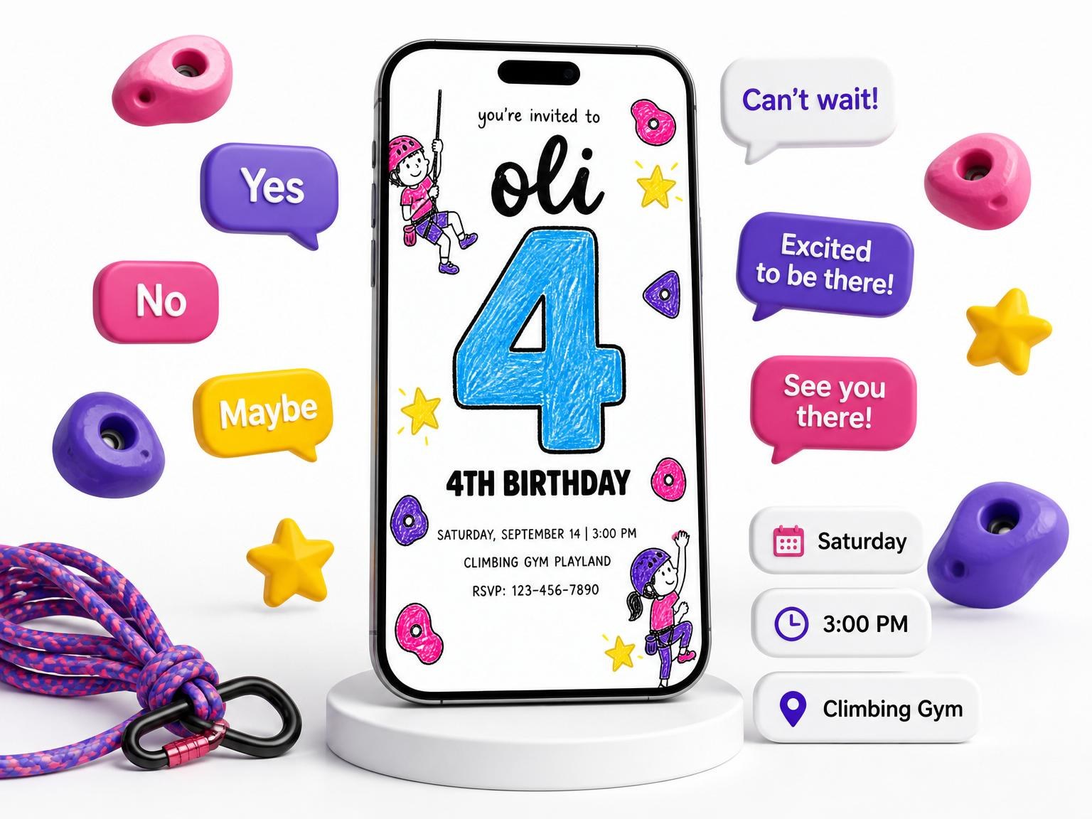 The Crayon Drawing Rock Climbing 4th Birthday invitation on a phone, with guest RSVPs arriving around it