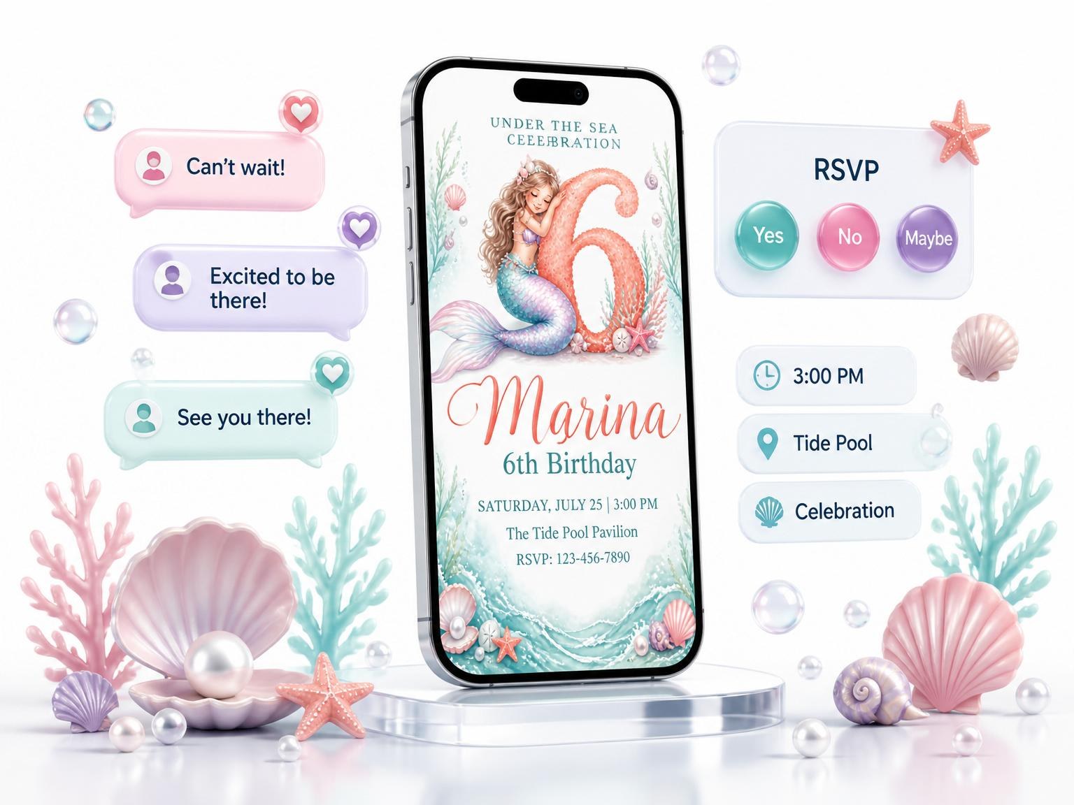 The Pastel Watercolor Mermaid 6th Birthday Invitation invitation on a phone, with guest RSVPs arriving around it