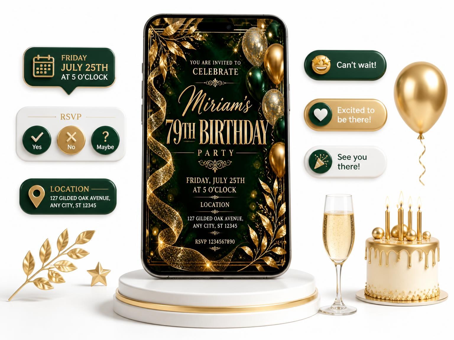 The Emerald and Champagne 79th Birthday Invitation invitation on a phone, with guest RSVPs arriving around it