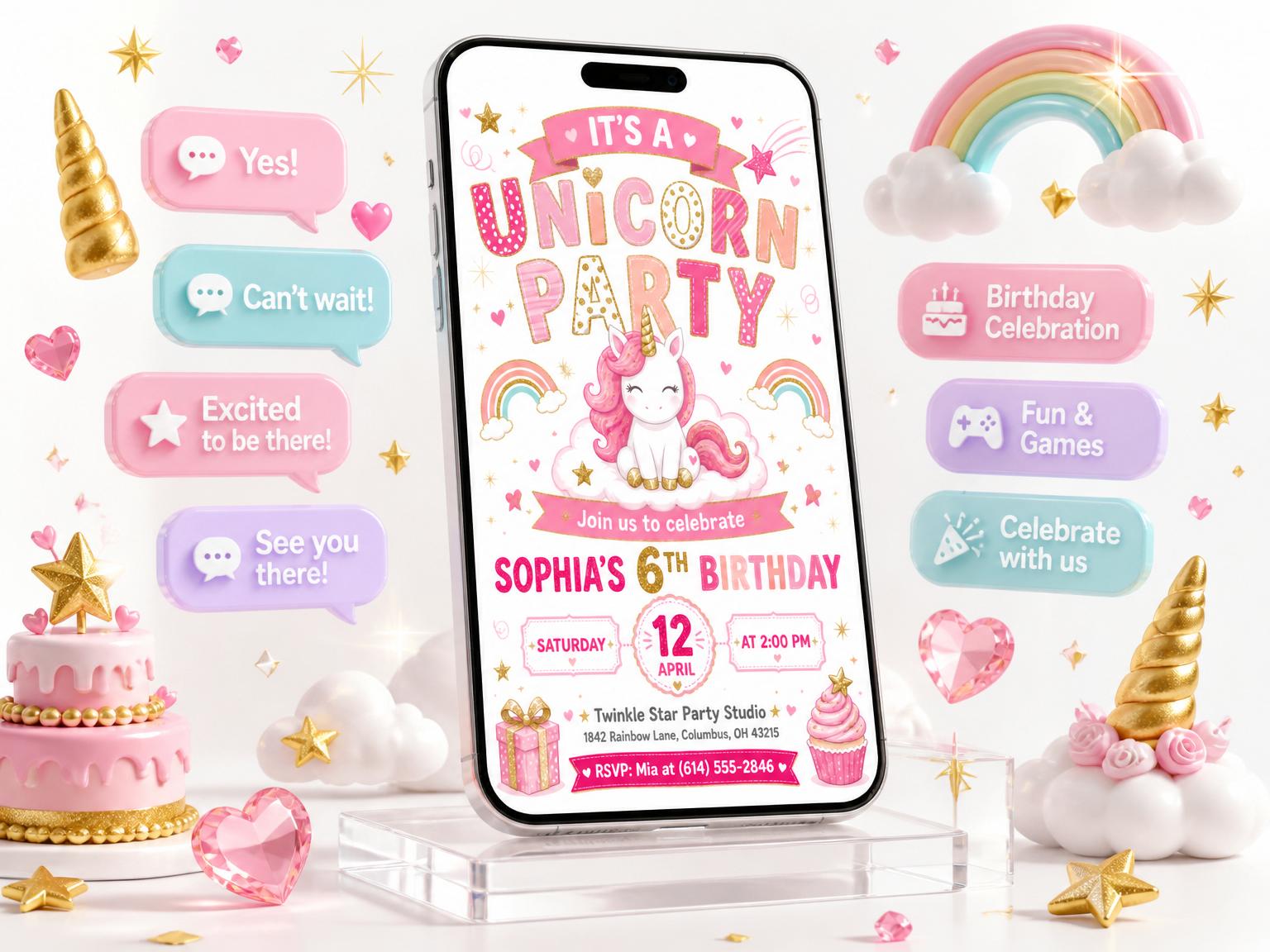 The Dreamy Pastel Unicorn Birthday Celebration invitation on a phone, with guest RSVPs arriving around it