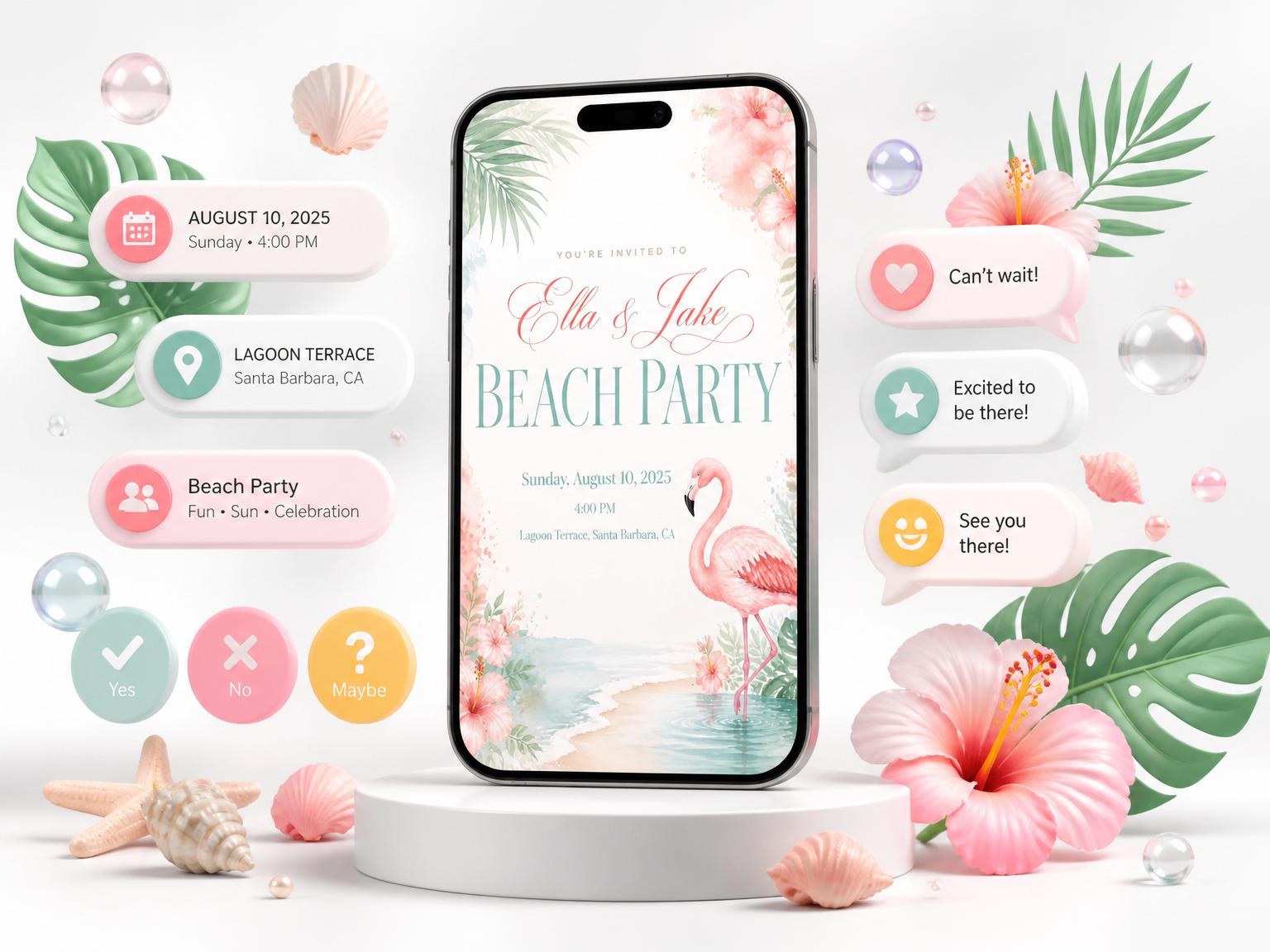 The Watercolor Flamingo Tropical Beach Party invitation on a phone, with guest RSVPs arriving around it