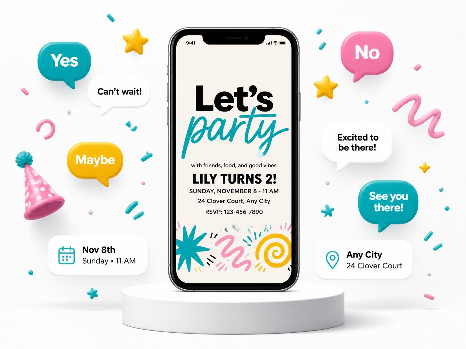 The Teal and Pink Doodle Birthday invitation on a phone, with guest RSVPs arriving around it