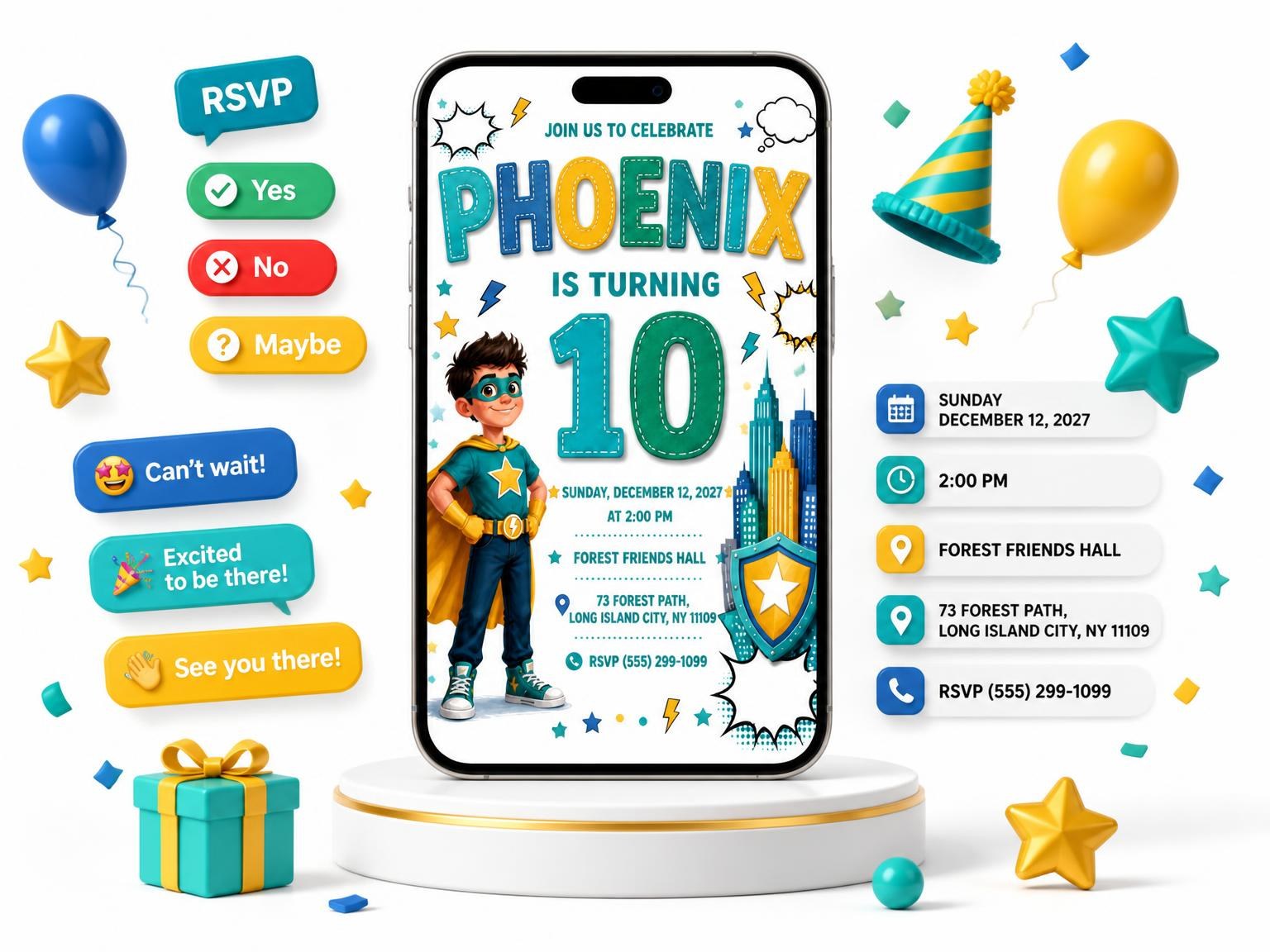 The Superhero Shield 10th Birthday Invitation invitation on a phone, with guest RSVPs arriving around it