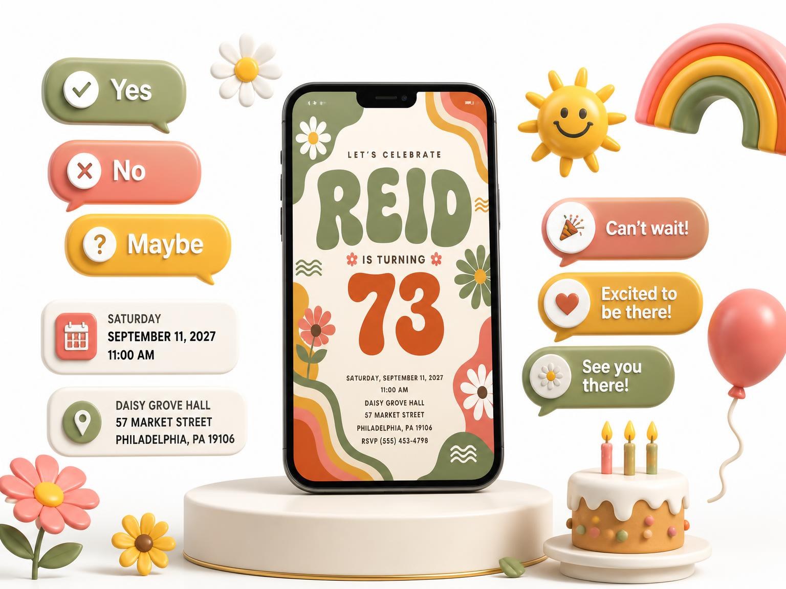 The Groovy Retro 73rd Birthday Invitation invitation on a phone, with guest RSVPs arriving around it