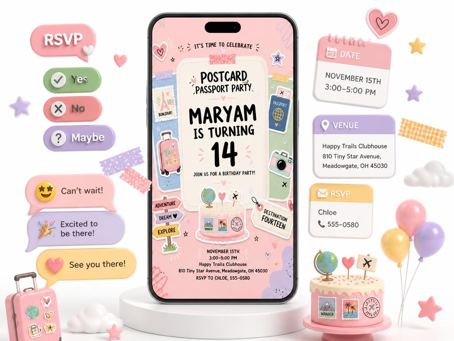 The Pastel Postcard Passport 14th Birthday Invitation invitation on a phone, with guest RSVPs arriving around it