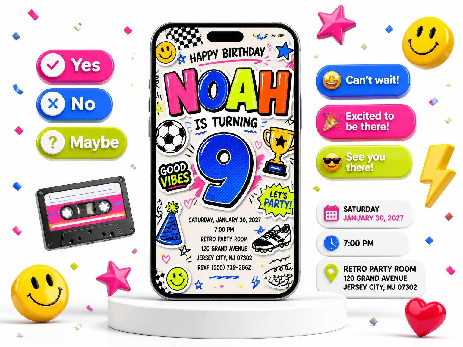 The Sticker Pop 9th Birthday Invitation invitation on a phone, with guest RSVPs arriving around it