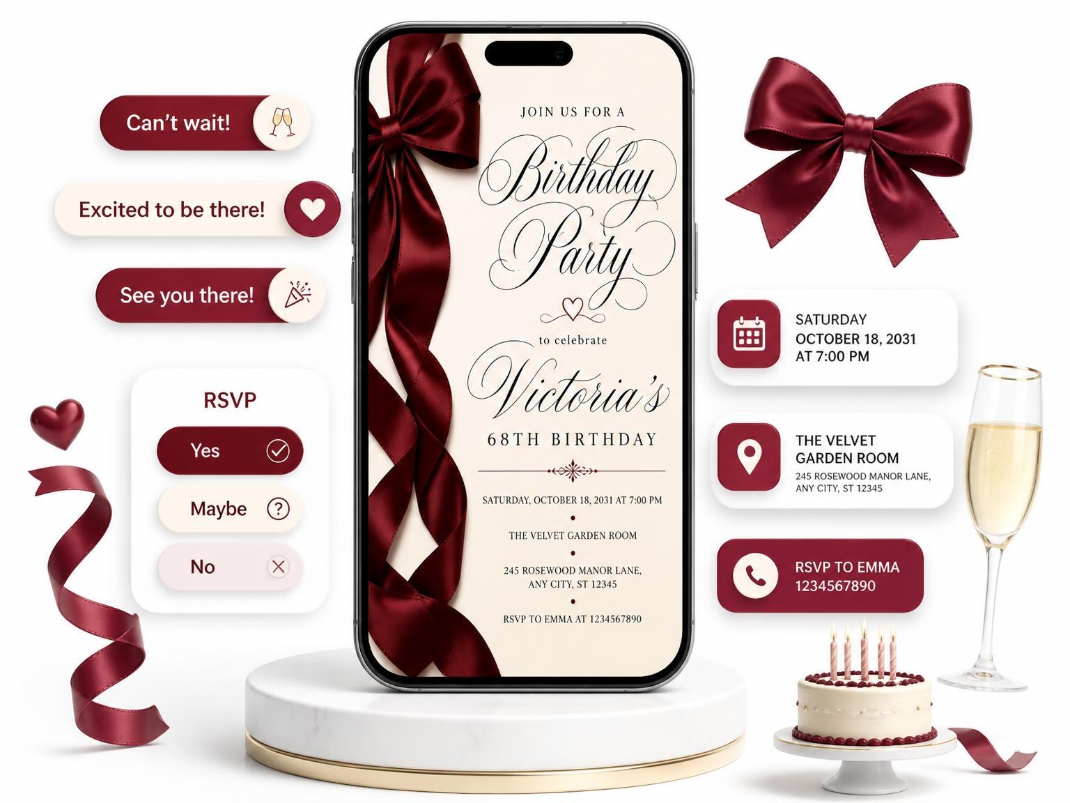 The Burgundy Satin Bow 68th Birthday Invitation invitation on a phone, with guest RSVPs arriving around it