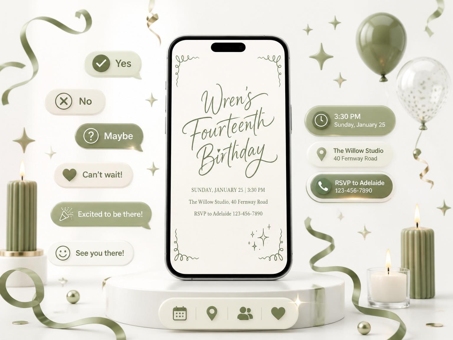 The Sage Green Calligraphy 14th Birthday Invitation invitation on a phone, with guest RSVPs arriving around it