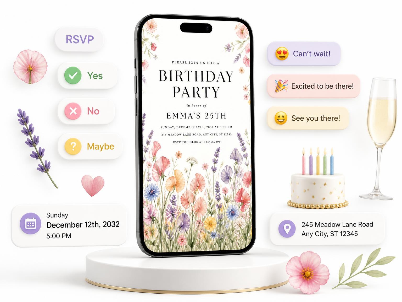 The Pastel Wildflowers 25th Birthday Invitation invitation on a phone, with guest RSVPs arriving around it