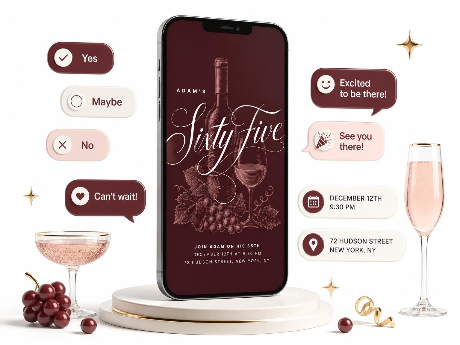 The Burgundy Cocktail 65th Birthday Invitation invitation on a phone, with guest RSVPs arriving around it