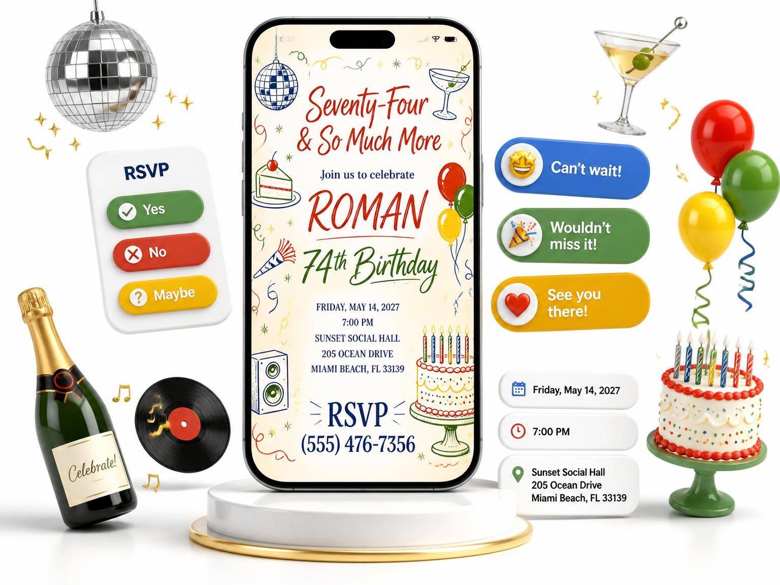 The Retro Doodle 74th Birthday Invitation invitation on a phone, with guest RSVPs arriving around it