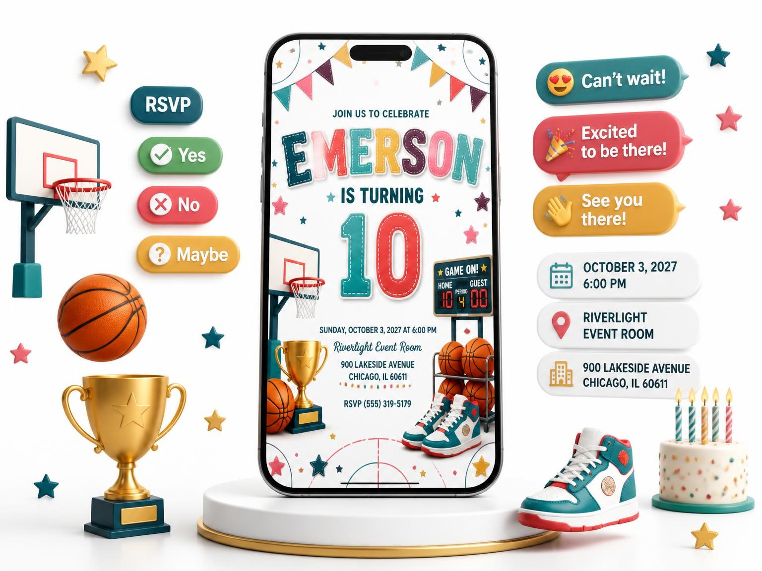 The Stitched Basketball 10th Birthday Invitation invitation on a phone, with guest RSVPs arriving around it