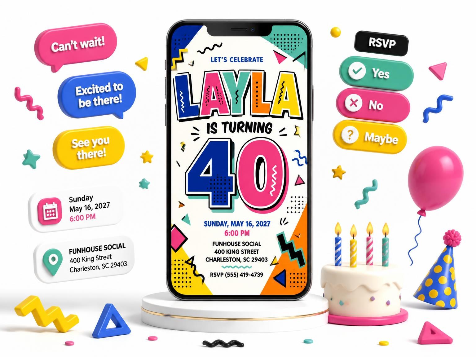 The Memphis Pop 40th Birthday Invitation invitation on a phone, with guest RSVPs arriving around it
