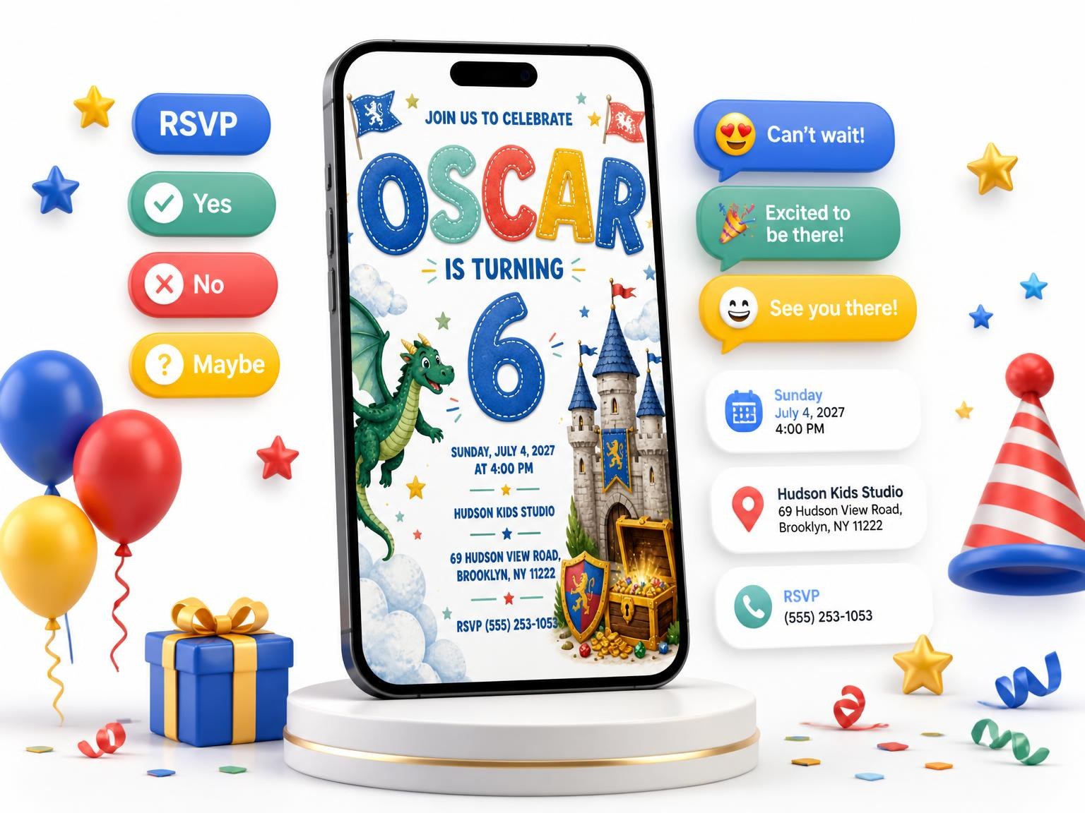 The Stone Castle Stitched 6th Birthday Invitation invitation on a phone, with guest RSVPs arriving around it