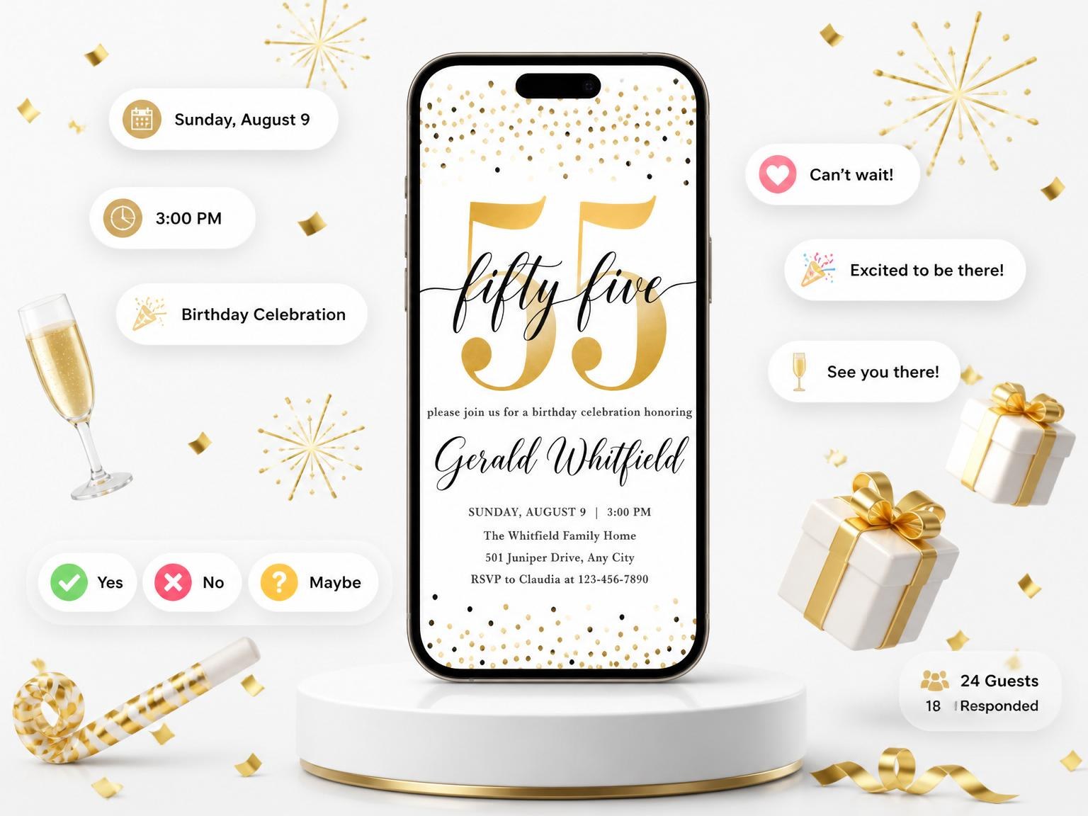 The Fifty-Five Gold Confetti Birthday Invitation invitation on a phone, with guest RSVPs arriving around it