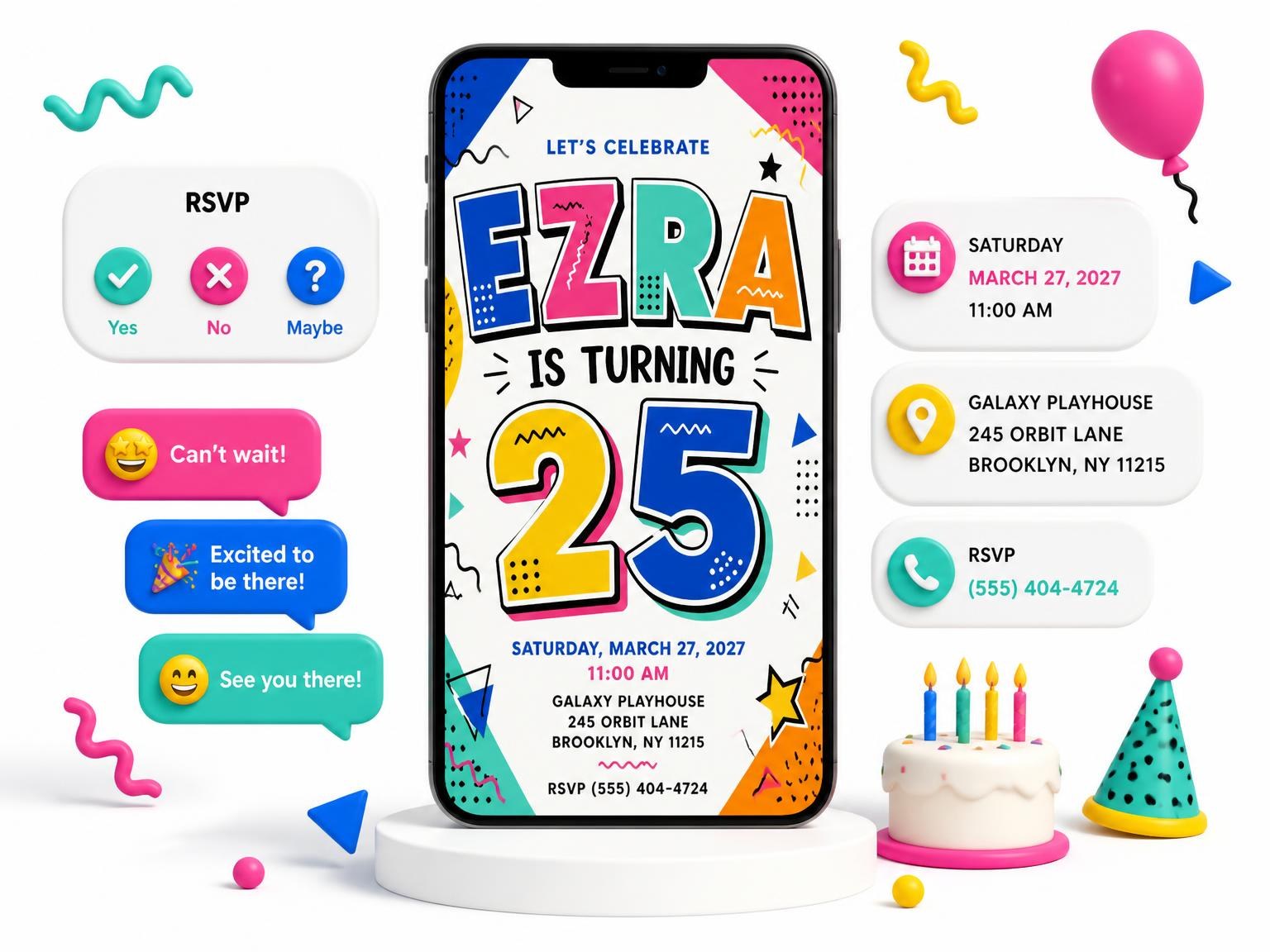 The Memphis Blocks 25th Birthday Invitation invitation on a phone, with guest RSVPs arriving around it