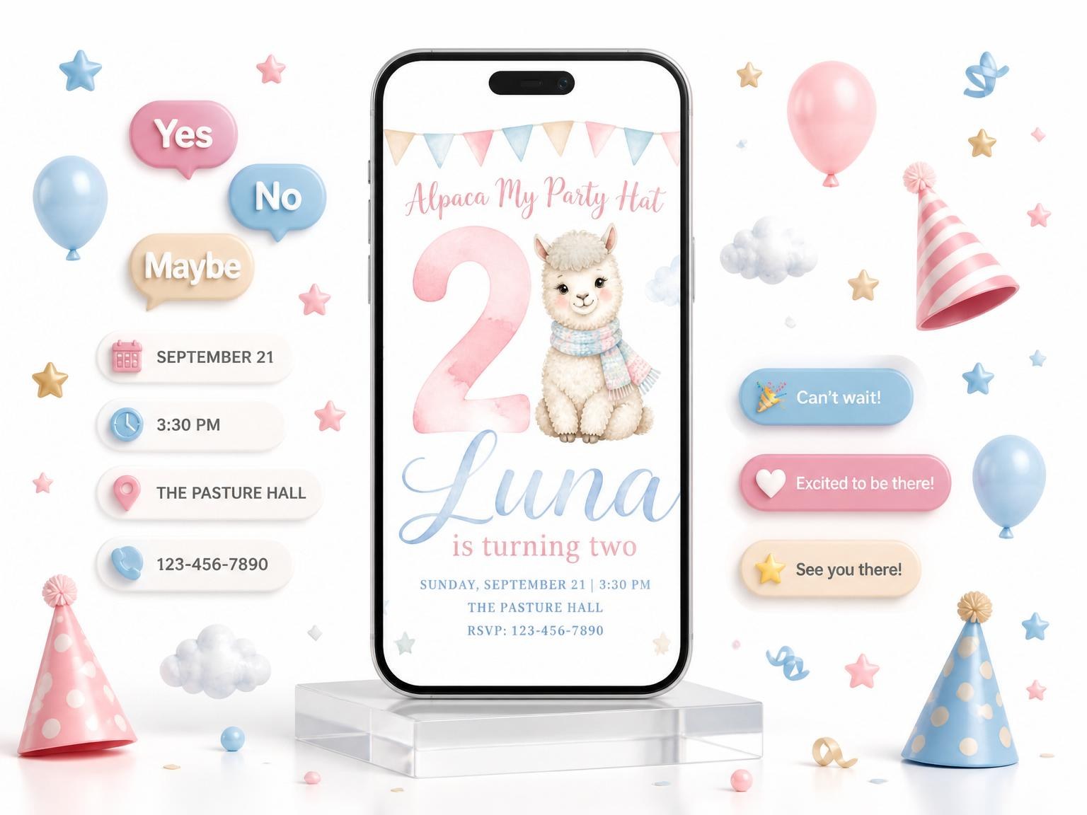 The Pastel Watercolor Alpaca 2nd Birthday invitation on a phone, with guest RSVPs arriving around it