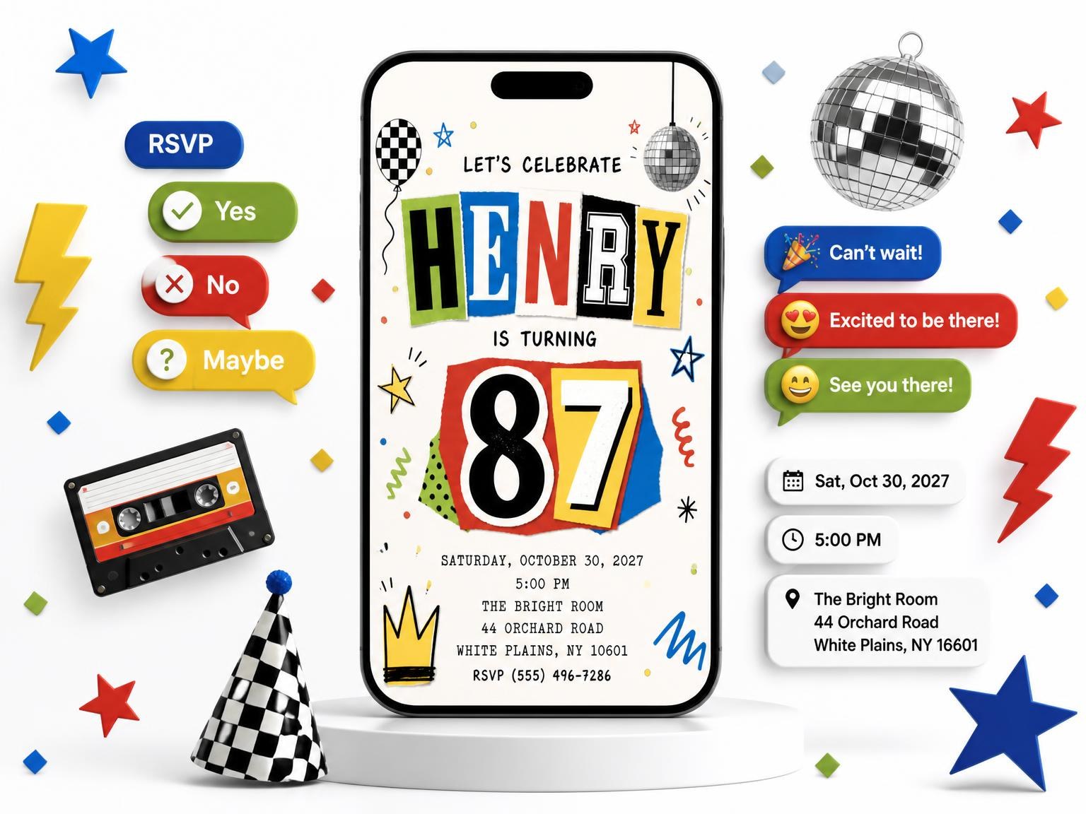 The Retro Paper Collage 87th Birthday Invitation invitation on a phone, with guest RSVPs arriving around it