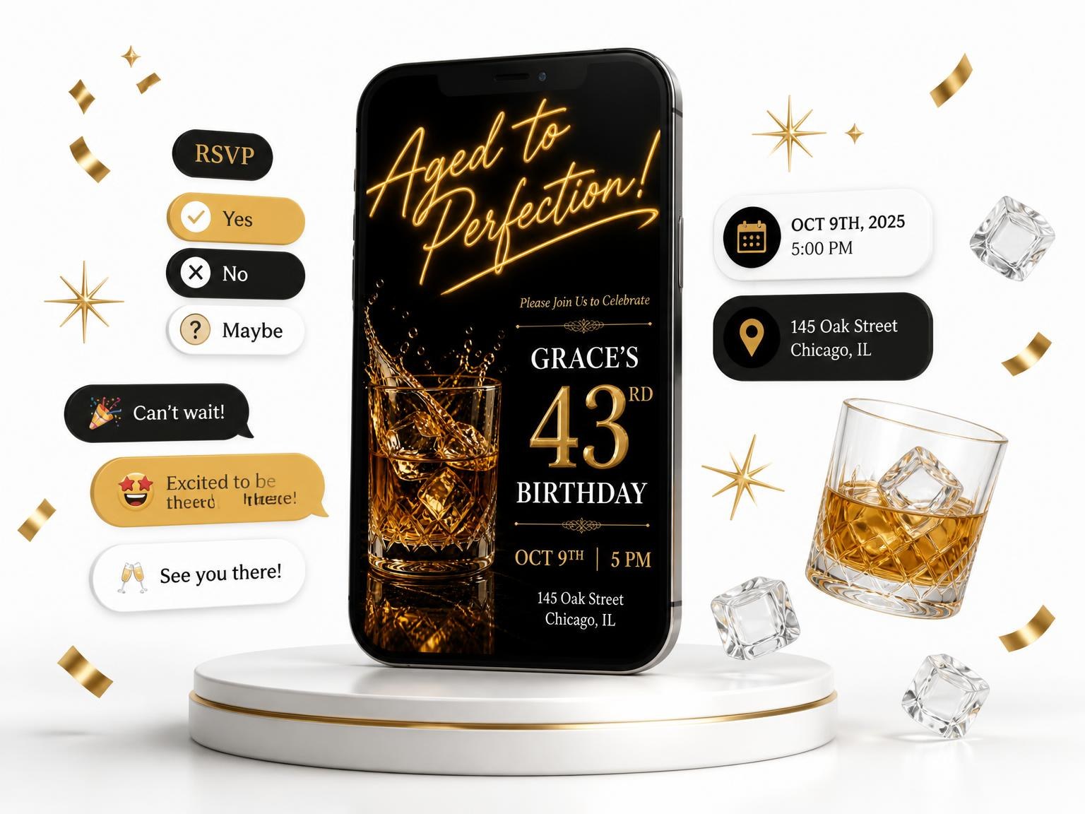 The Whiskey Lowball 43rd Birthday Invitation invitation on a phone, with guest RSVPs arriving around it
