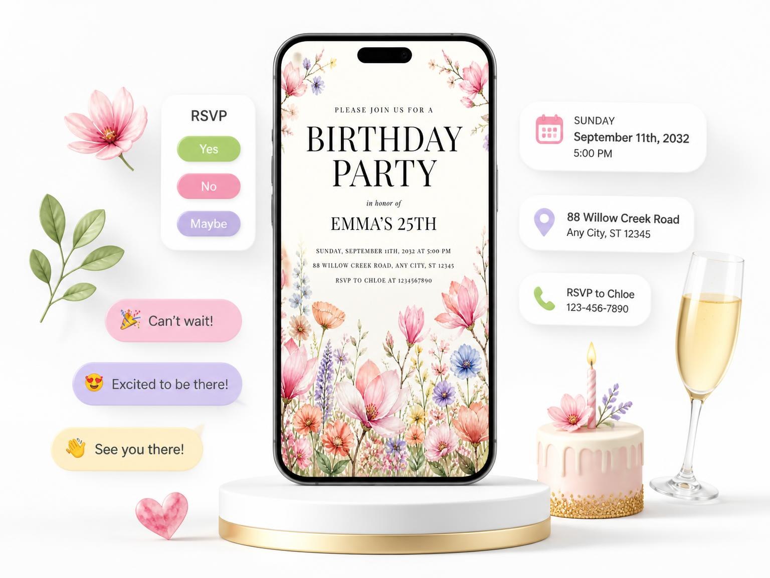 The Pastel Magnolia Branches 25th Birthday Invitation invitation on a phone, with guest RSVPs arriving around it