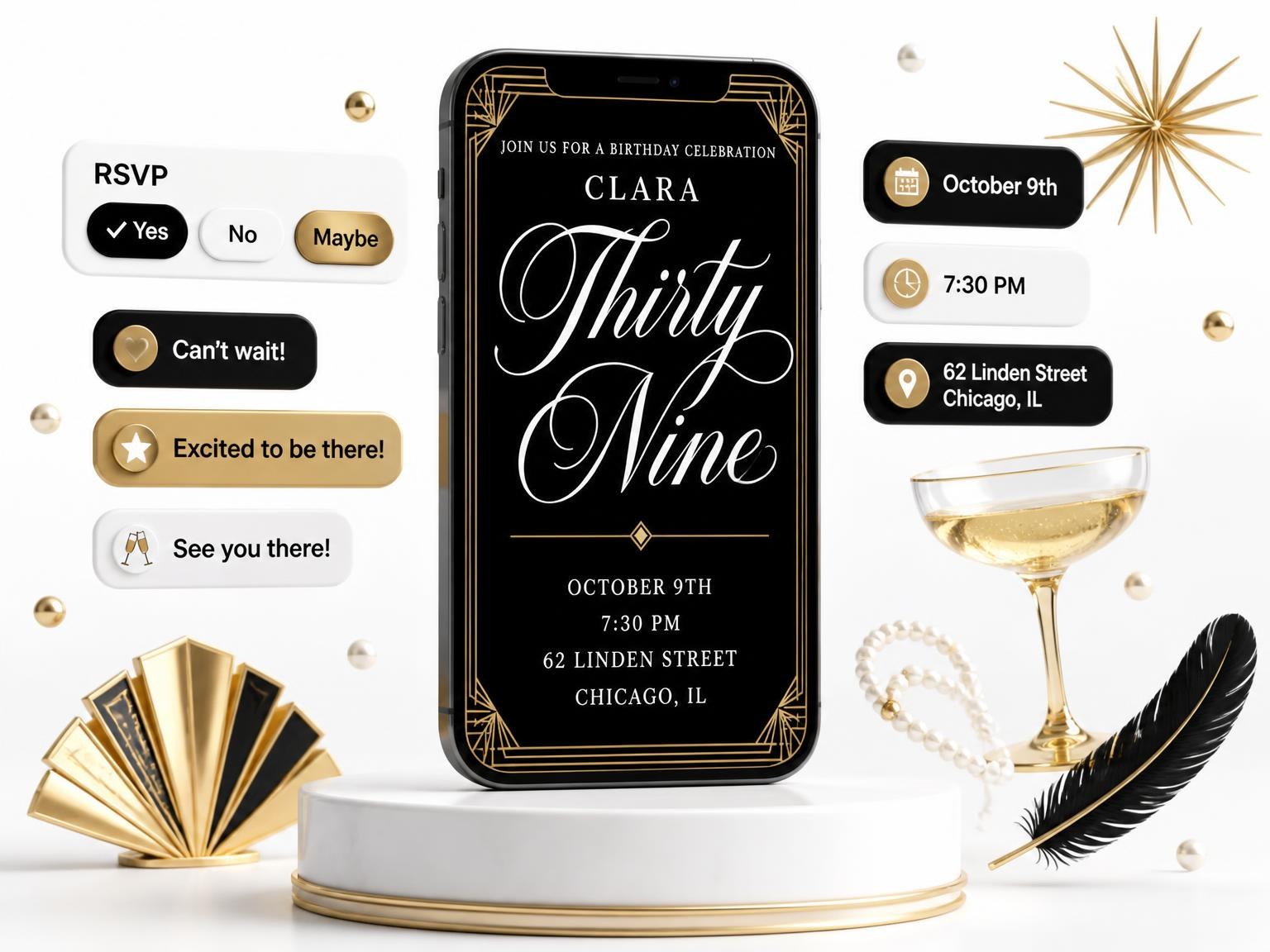 The Art Deco 39th Birthday Invitation invitation on a phone, with guest RSVPs arriving around it