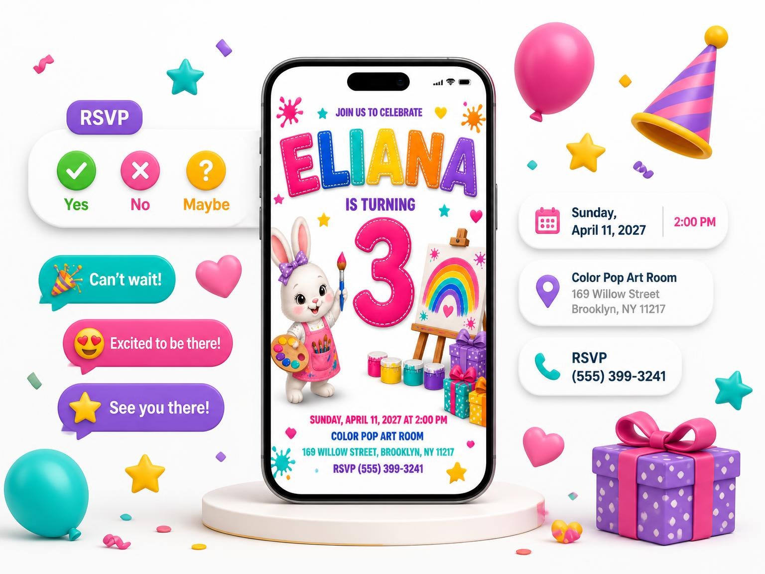 The Art Easel Stitched 3rd Birthday Invitation invitation on a phone, with guest RSVPs arriving around it