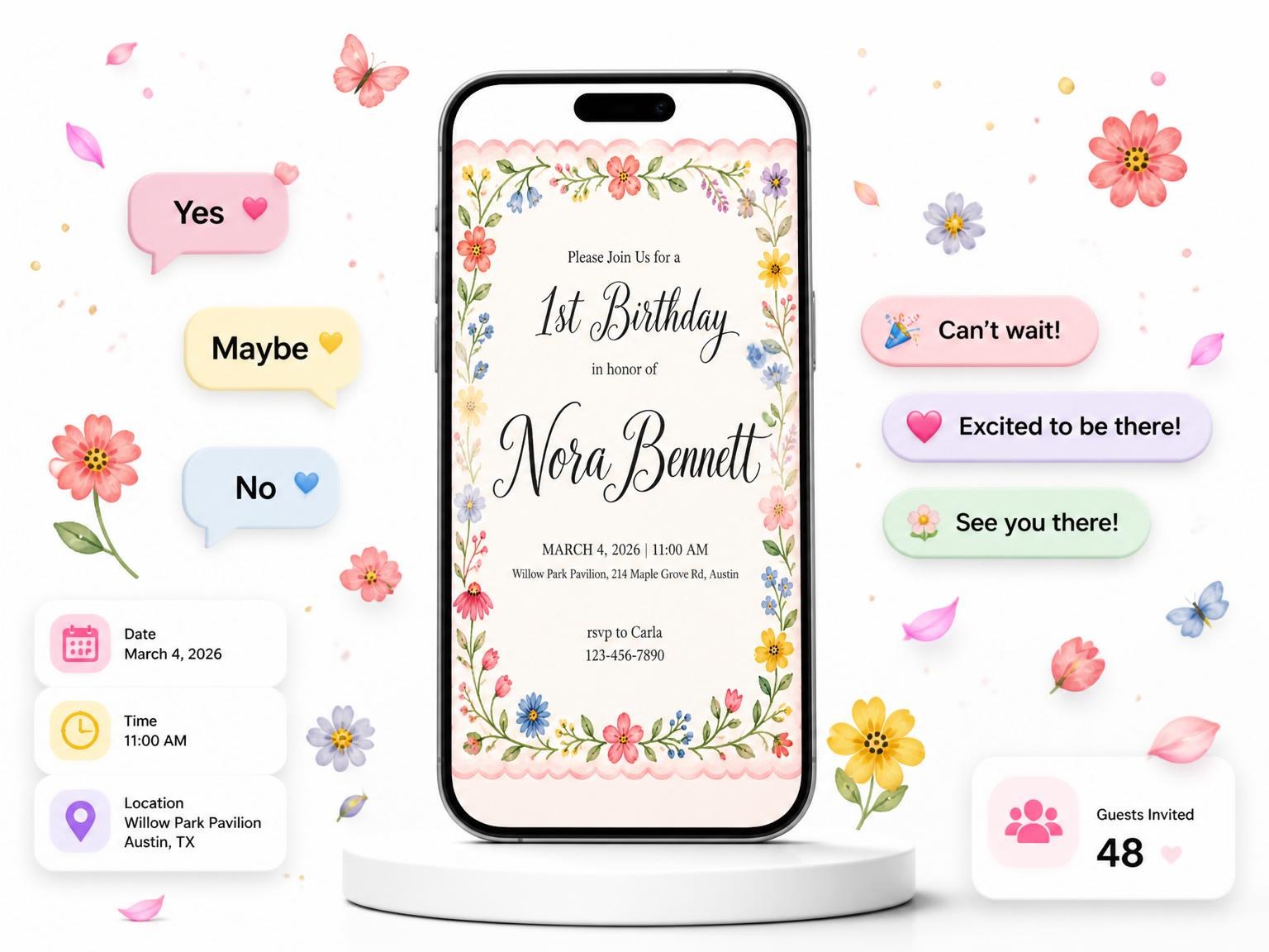 The Watercolor Wildflower Scalloped 1st Birthday invitation on a phone, with guest RSVPs arriving around it