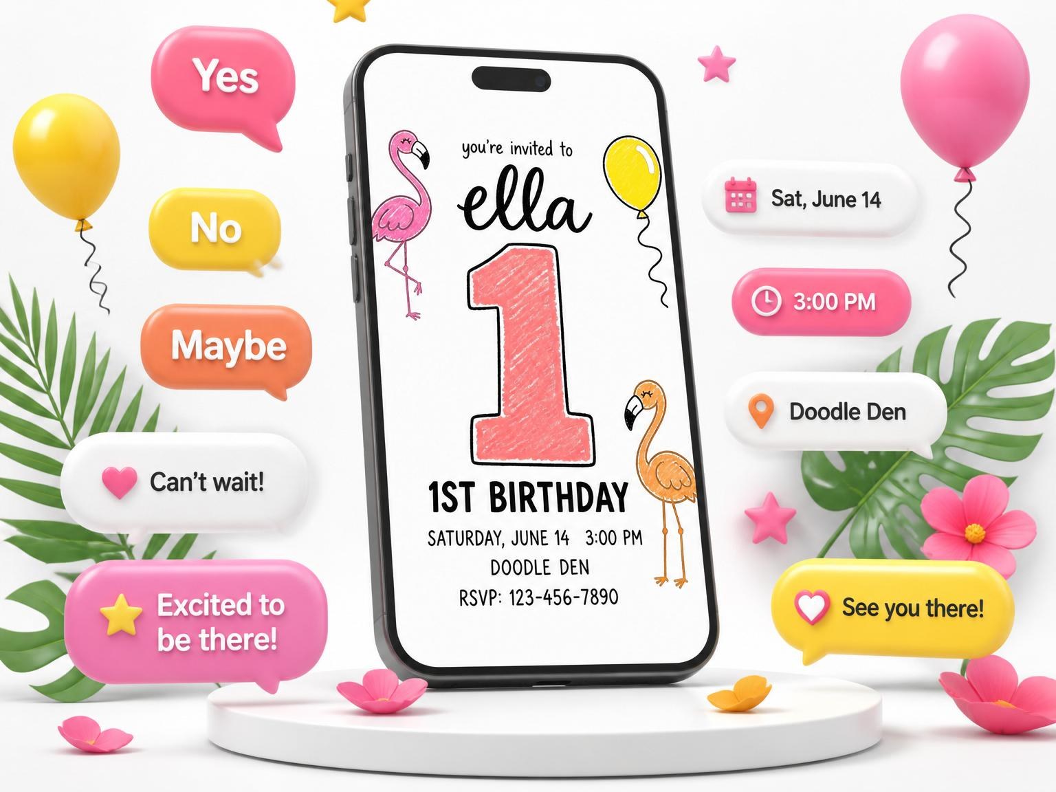The Crayon Flamingo Balloon 1st Birthday invitation on a phone, with guest RSVPs arriving around it