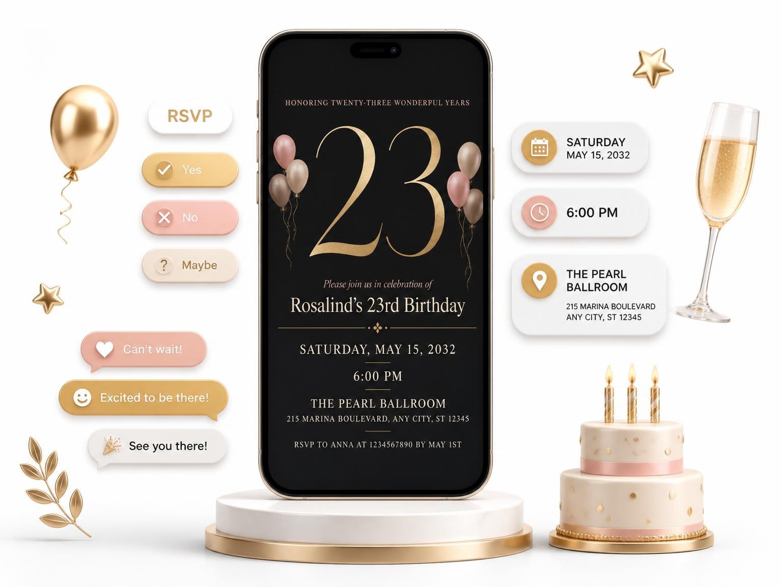 The Charcoal and Blush 23rd Birthday Invitation invitation on a phone, with guest RSVPs arriving around it