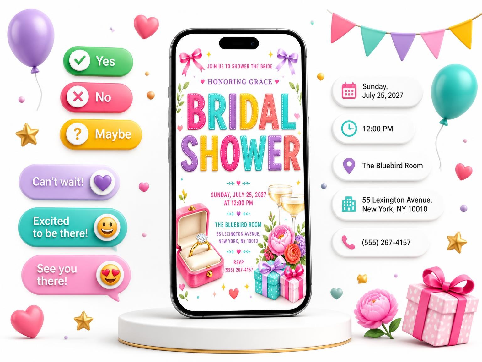 The Diamond Ring Bridal Shower Invitation invitation on a phone, with guest RSVPs arriving around it