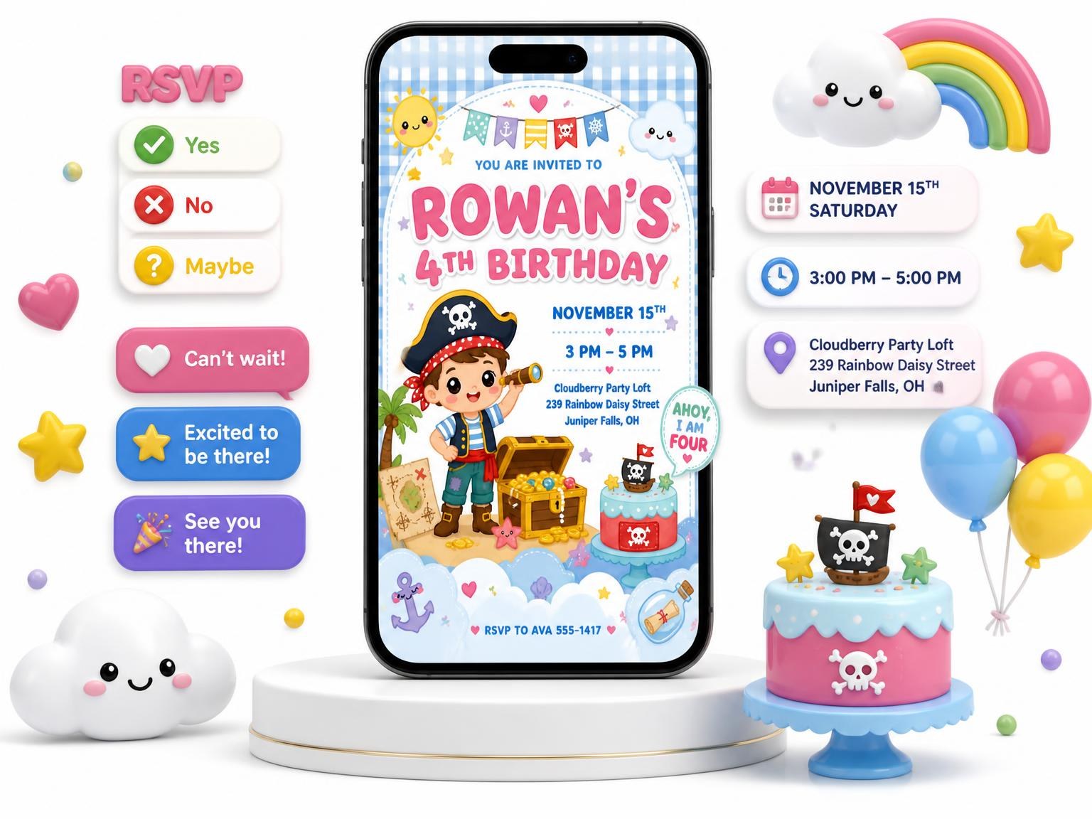 The Pirate Kawaii Pastel 4th Birthday Invitation invitation on a phone, with guest RSVPs arriving around it
