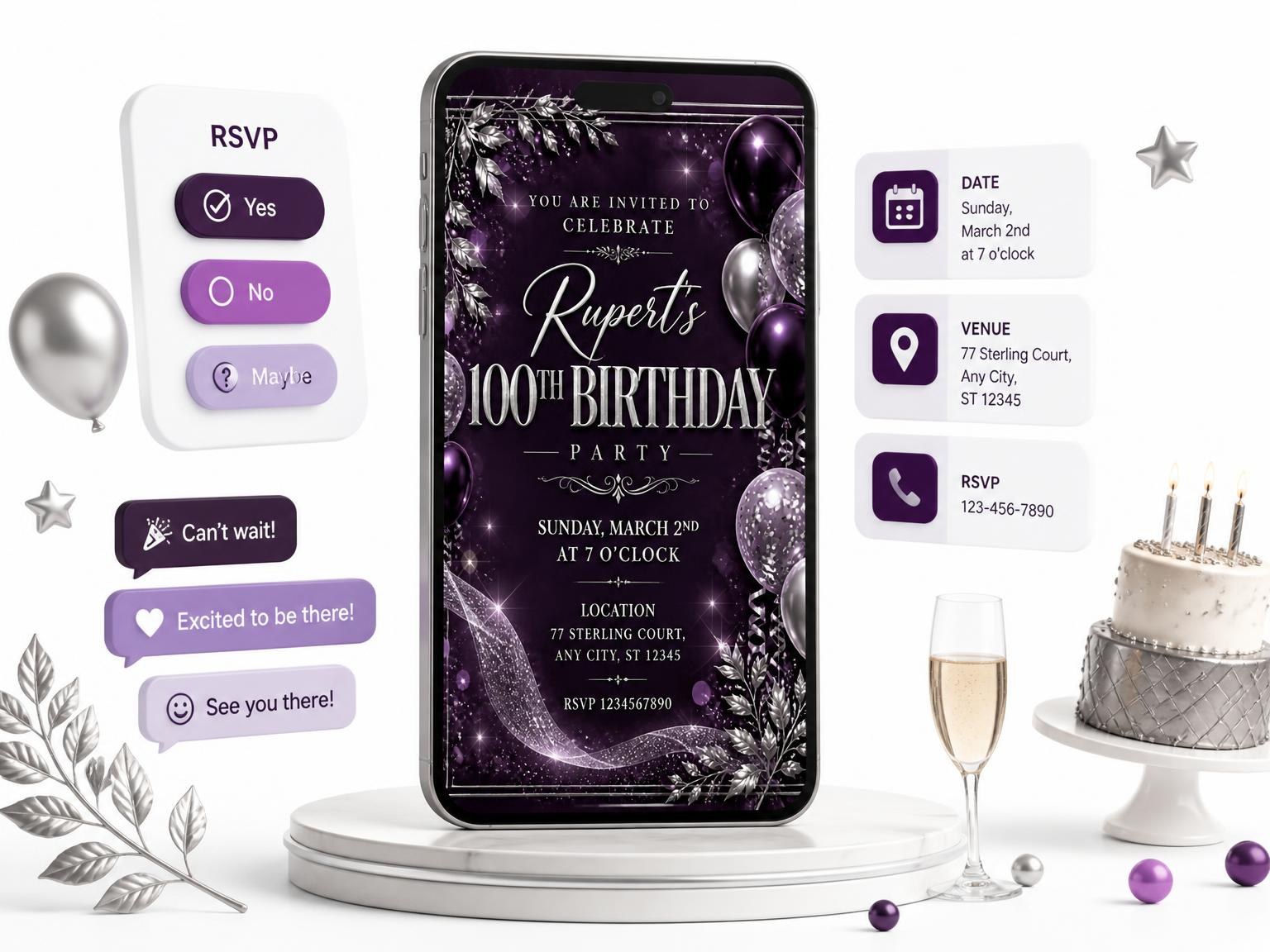 The Plum and Silver 100th Birthday Invitation invitation on a phone, with guest RSVPs arriving around it